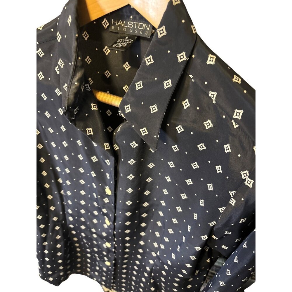 Halston Black Patterned Button Front Long Sleeve … - image 4